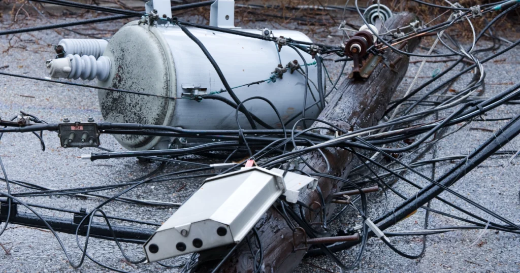 Severe storm in a Pennsylvania town knocking down power lines and causing widespread power outages.