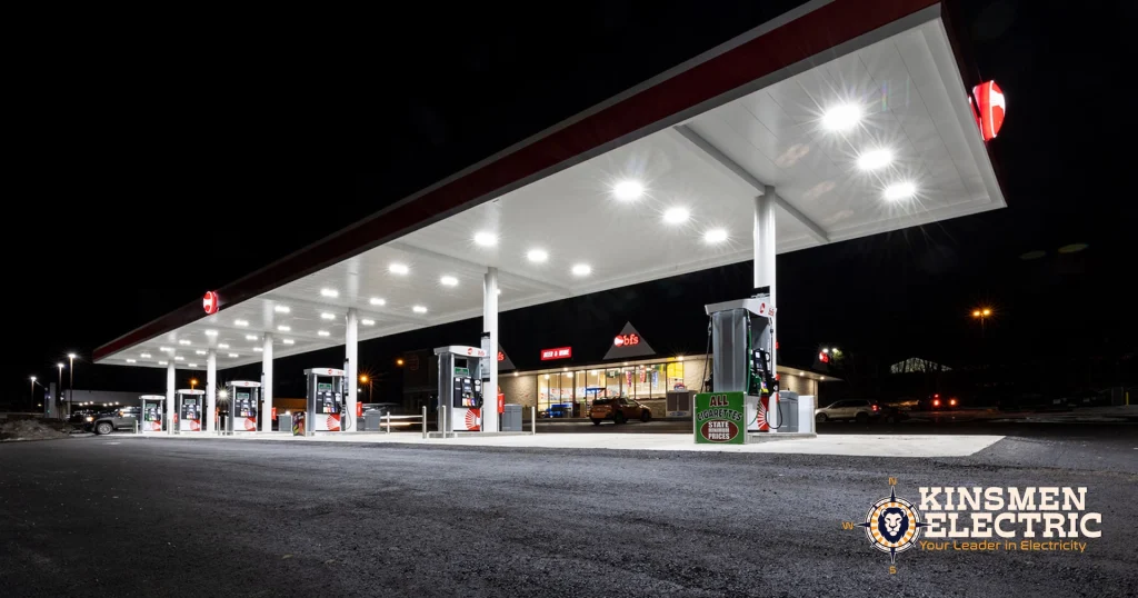 nighttime picture of the gas pumps and convenience store of BFS Somerset showing the bright lighting installed by Kinsmen Electric