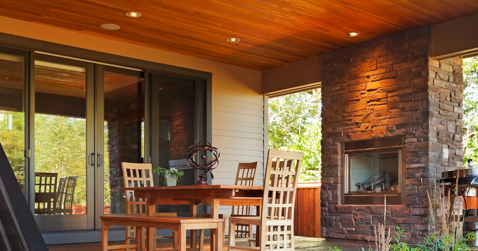 a beautiful outdoor patio featuring ceiling lights to brighten the space