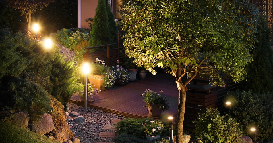 picture of a beautifully lit landscaped backyard at night