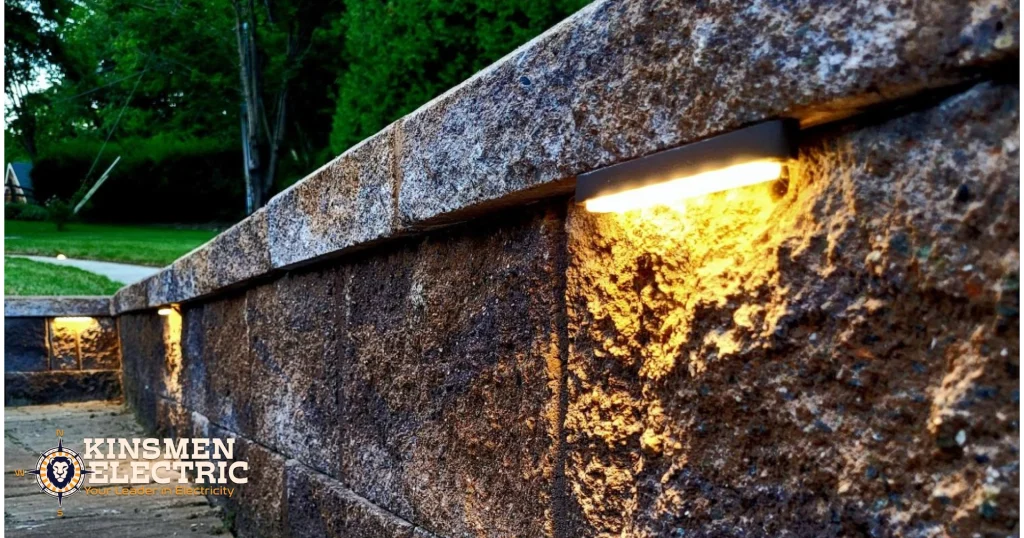 Granite retaining wall with recessed LED lights casting warm downward glow along a stone paver path at dusk.