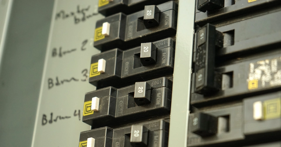 Breaker box panel showing labeled Square D circuit breakers in the ON position, rated at 20 amps each.