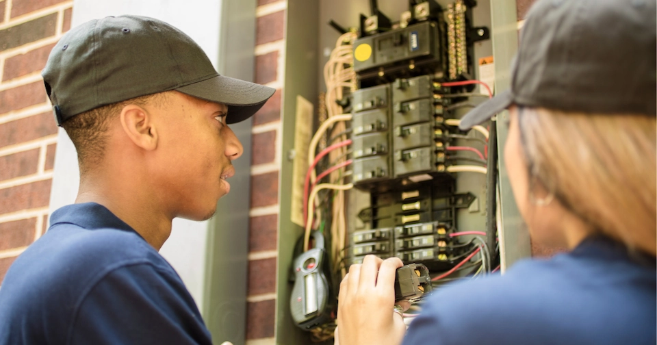 Two electricians in blue uniforms and baseball caps inspecting an open residential electrical panel mounted on an exterior brick wall.