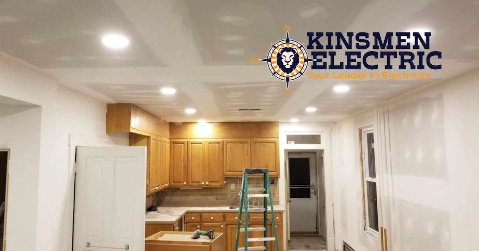 a remodeled kitchen featuring new LED lighting installed by Kinsmen Electric electricians inside of a parsonage in Geistown, PA
