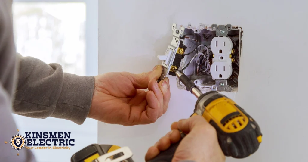 an electrician using a special tool installs an electrical outlet in a home