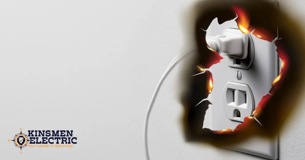 picture of an electrical outlet with a plug burning