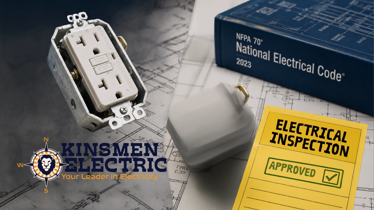Electrical inspection graphic featuring a GFCI outlet, electrical blueprints, the 2023 National Electrical Code book, and an “Electrical Inspection Approved” sign, with Kinsmen Electric branding.