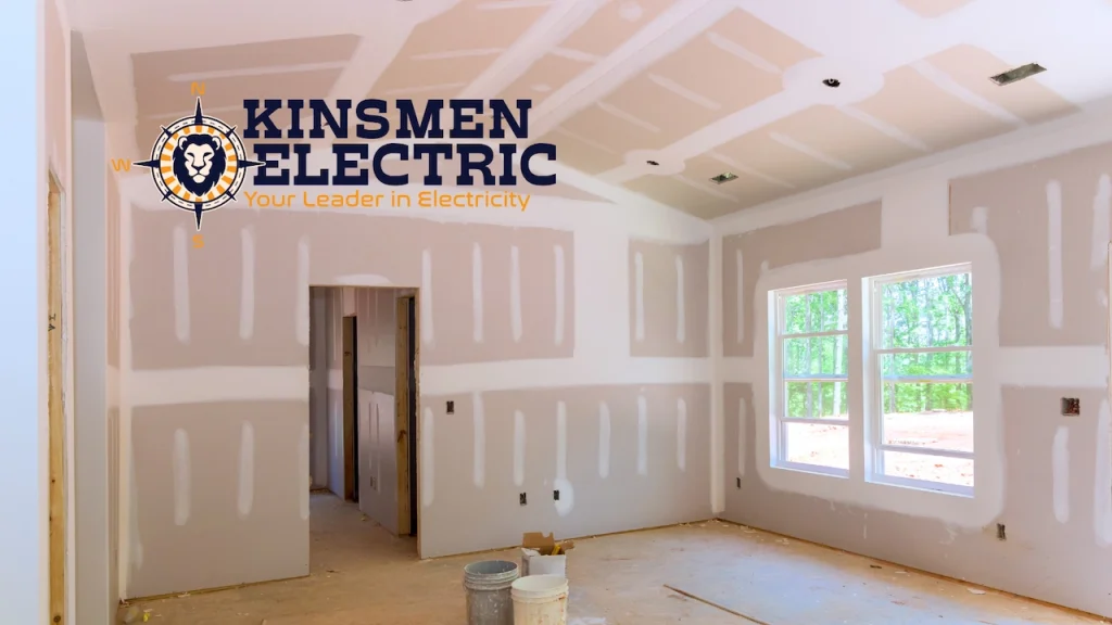 Unfinished kitchen with drywall installation, visible electrical outlets and wiring boxes, and windows