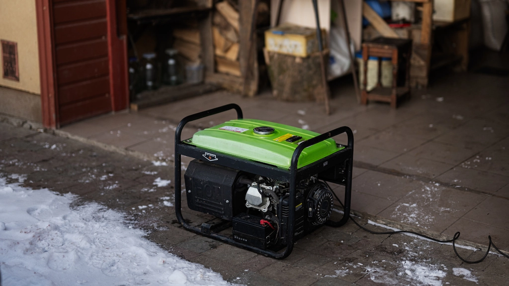 a generator sits on a garage floor. Snow lays on the driveway
