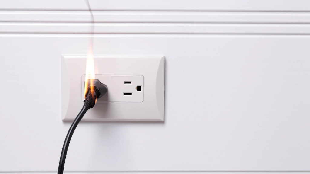 burning wire plugged into an electrical outlet
