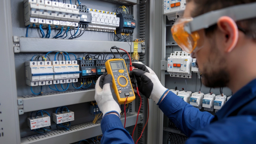 electrician wearing safety gloves and goggles testing circuit with multimeter in electrical panel