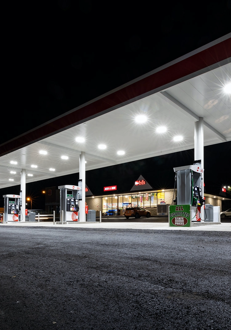 outside view of gas station lighting at night